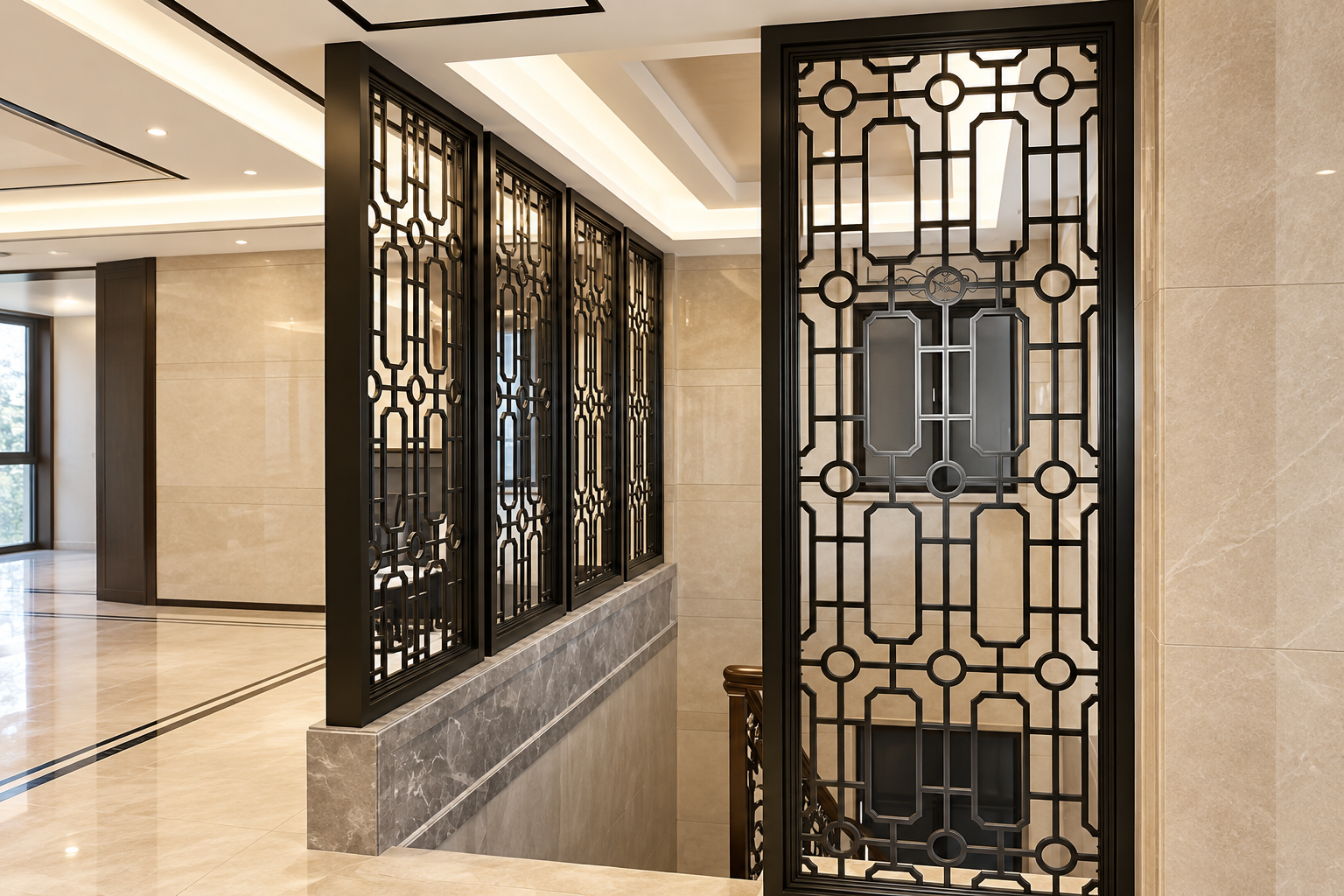 Decorative metal lattice screens in an architectural interior