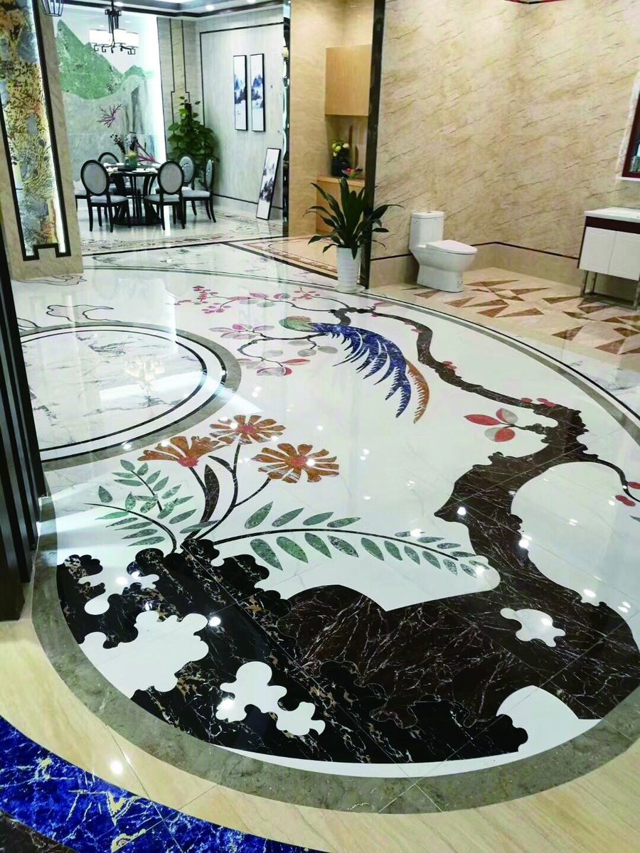 Decorative stone floor inlay produced from precision waterjet-cut pieces