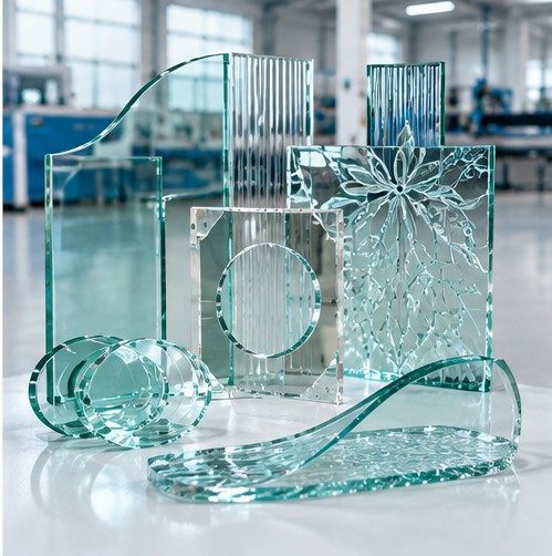 Waterjet-cut glass shapes, thick glass parts and a cut glass model