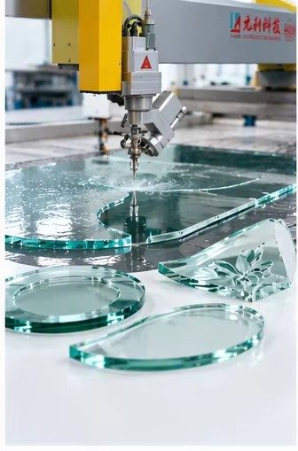 Waterjet cutting thick glass — in-progress cutting and finished glass shapes