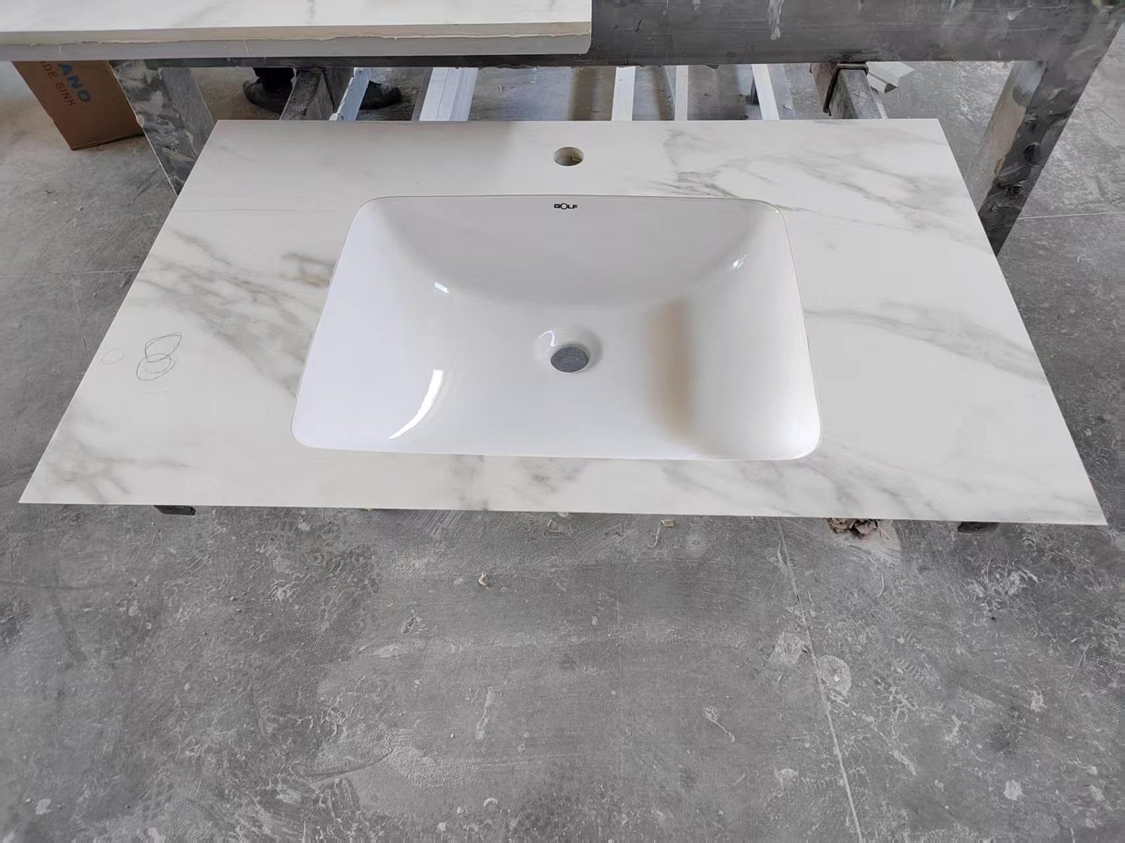 quartz countertop sink cut-out and faucet hole cut by waterjet